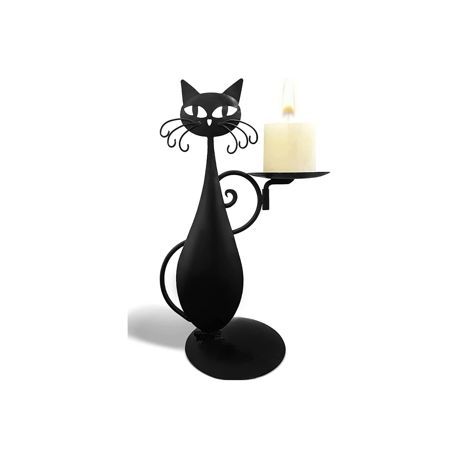 Grimalkin's Watch black cat candlestick, single unit, tray on the right