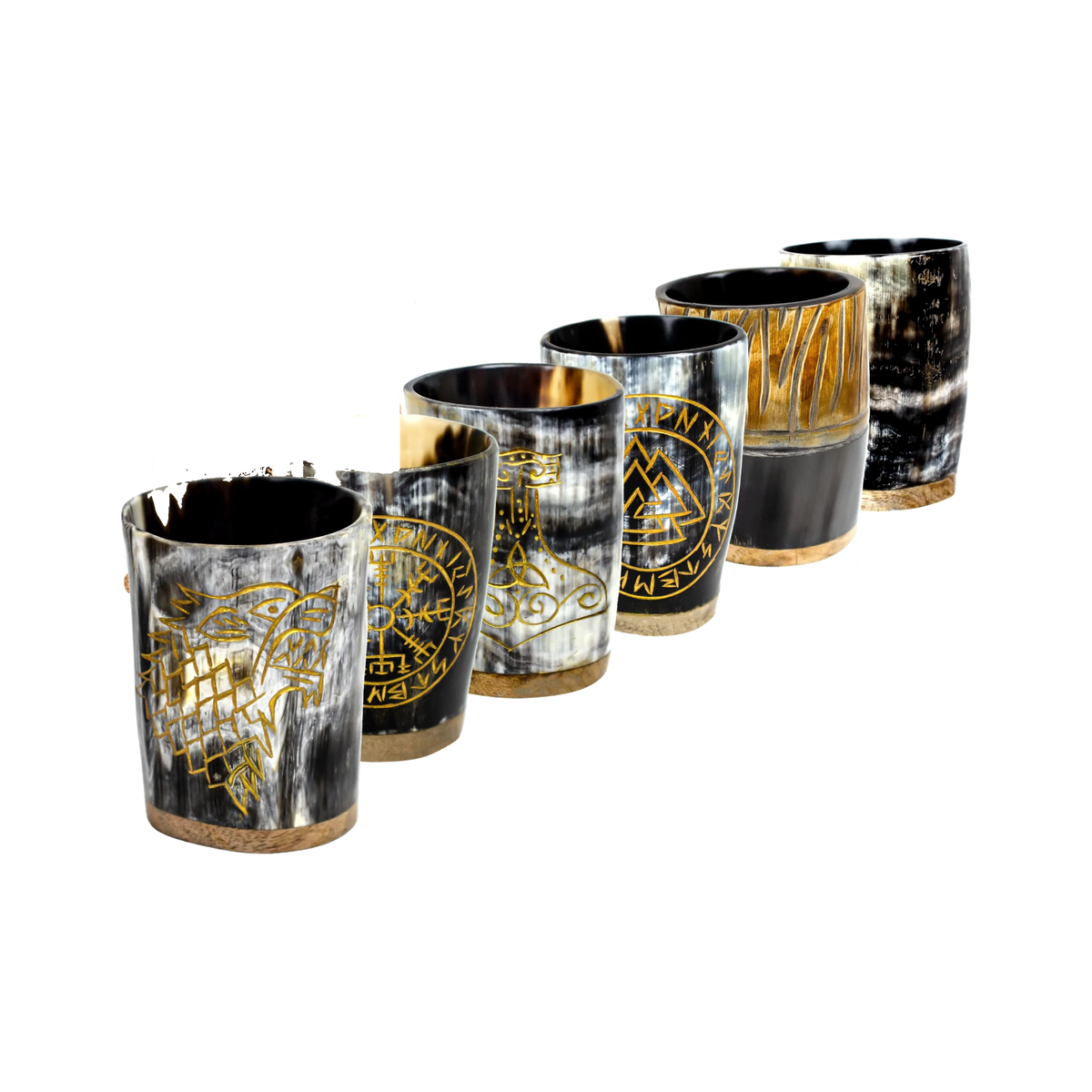 Six hand-engraved Viking ox-horn mugs — Vegvisir, Valknut, Wolf, Mjolnir, Jarl, and natural finish — the complete Ironclad Mead Hall Set