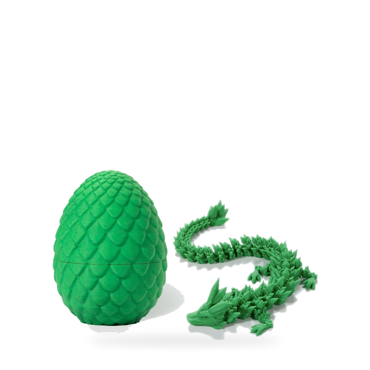 Green crystal-scale dragon egg with the included green articulated dragon, studio card image