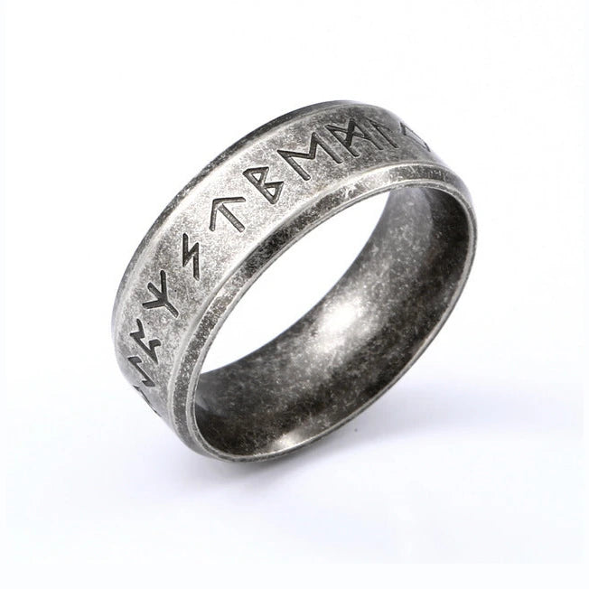 Runeband of Odin, antiqued steel ring carved with Elder Futhark runes
