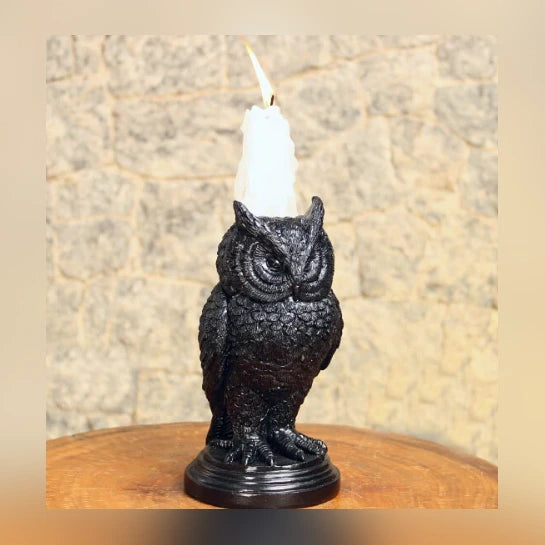 Shadowcrest Owl Candle Holder, black cast-resin owl with taper candle socket
