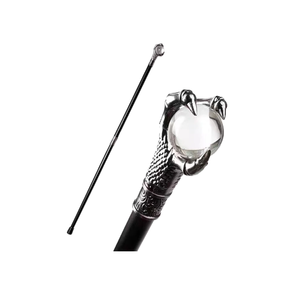 Dragon claw crystal orb cane shown full length with enlarged handle detail, studio card image