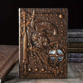 Antique bronze embossed journal with 3D warrior and sword relief cover, dark academia reading journal