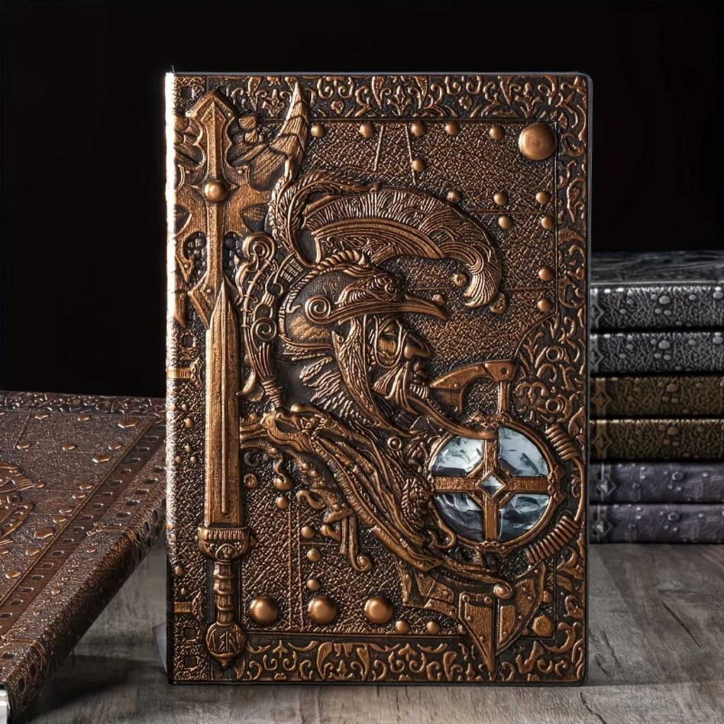 Antique bronze embossed journal with 3D warrior and sword relief cover, dark academia reading journal