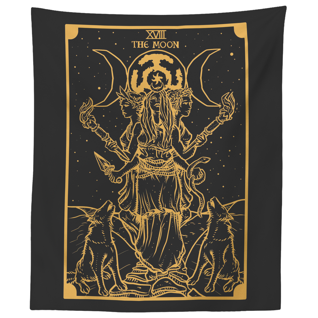 Triple Moon Goddess tapestry, gold linework of Hecate and her hounds on black fabric, shown flat