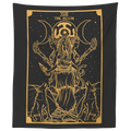 Triple Moon Goddess tapestry, gold linework of Hecate and her hounds on black fabric, shown flat