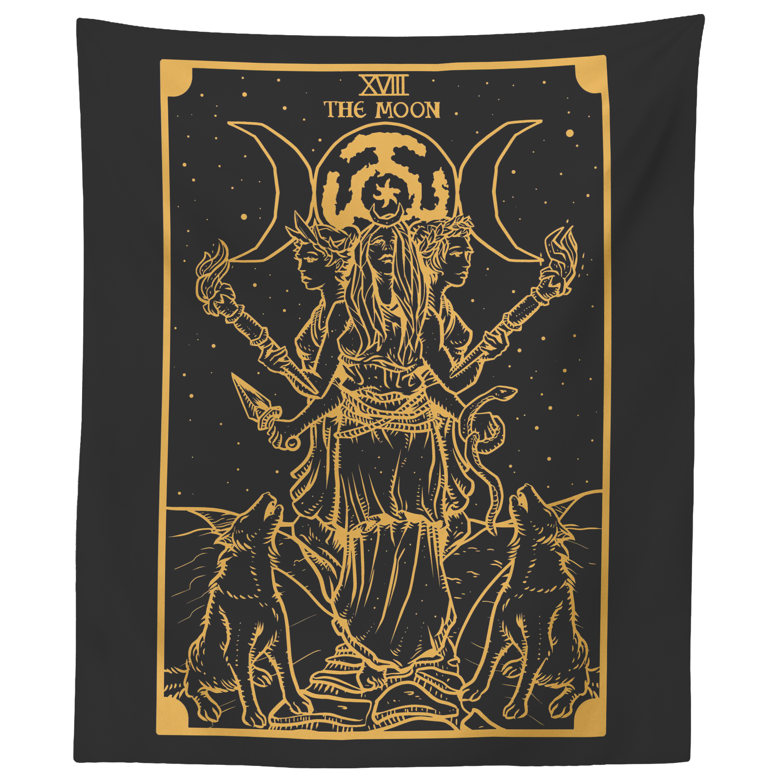 Triple Moon Goddess tapestry, gold linework of Hecate and her hounds on black fabric, shown flat