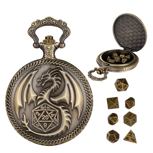 Dragon-embossed pocket watch closed on its thick chain, bronze finish