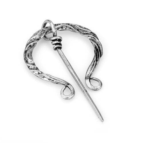 Antiqued silver twisted knotwork cloak pin with tapered locking shaft, shown front-on