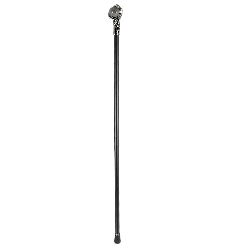 The Wyrmstaff cane standing full length, black shaft with silver dragon claw handle