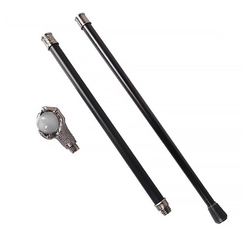 The Wyrmstaff cane unscrewed into two pieces showing the dragon claw handle segment