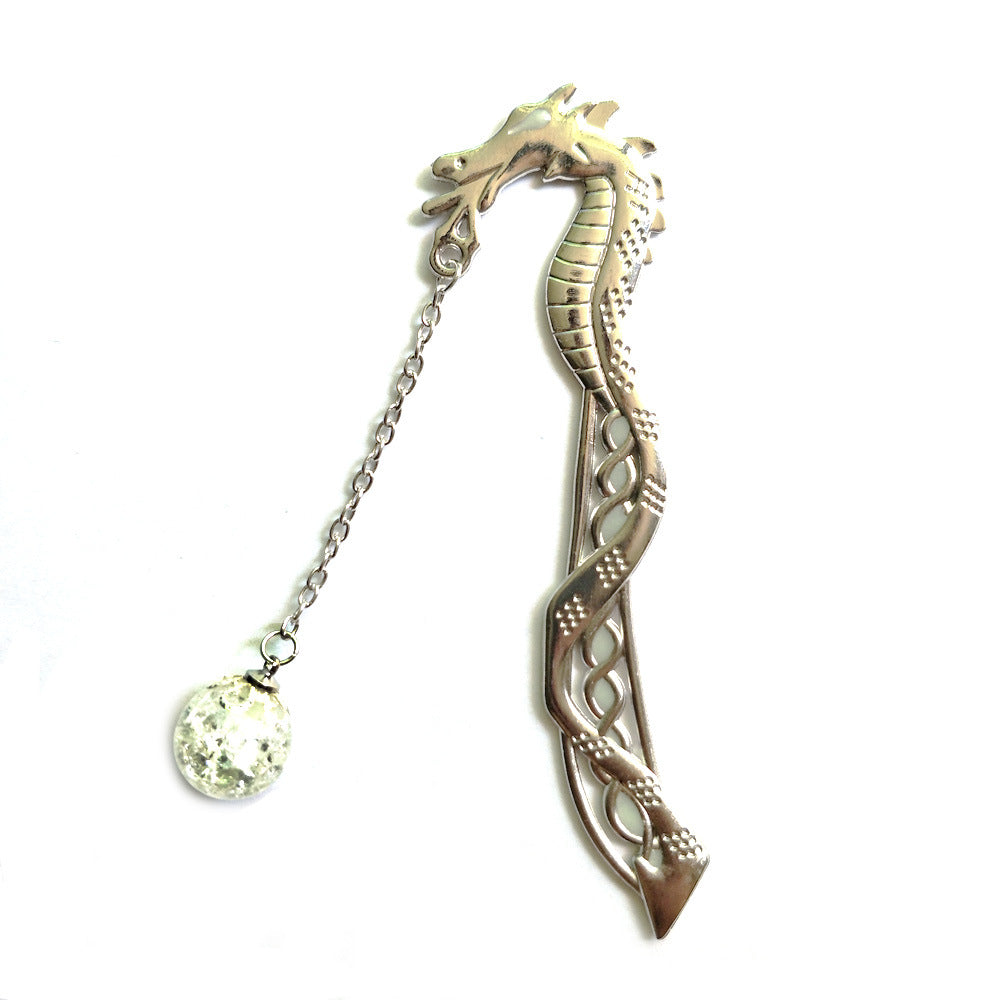 Silver metal dragon bookmark with chain and bead pendant