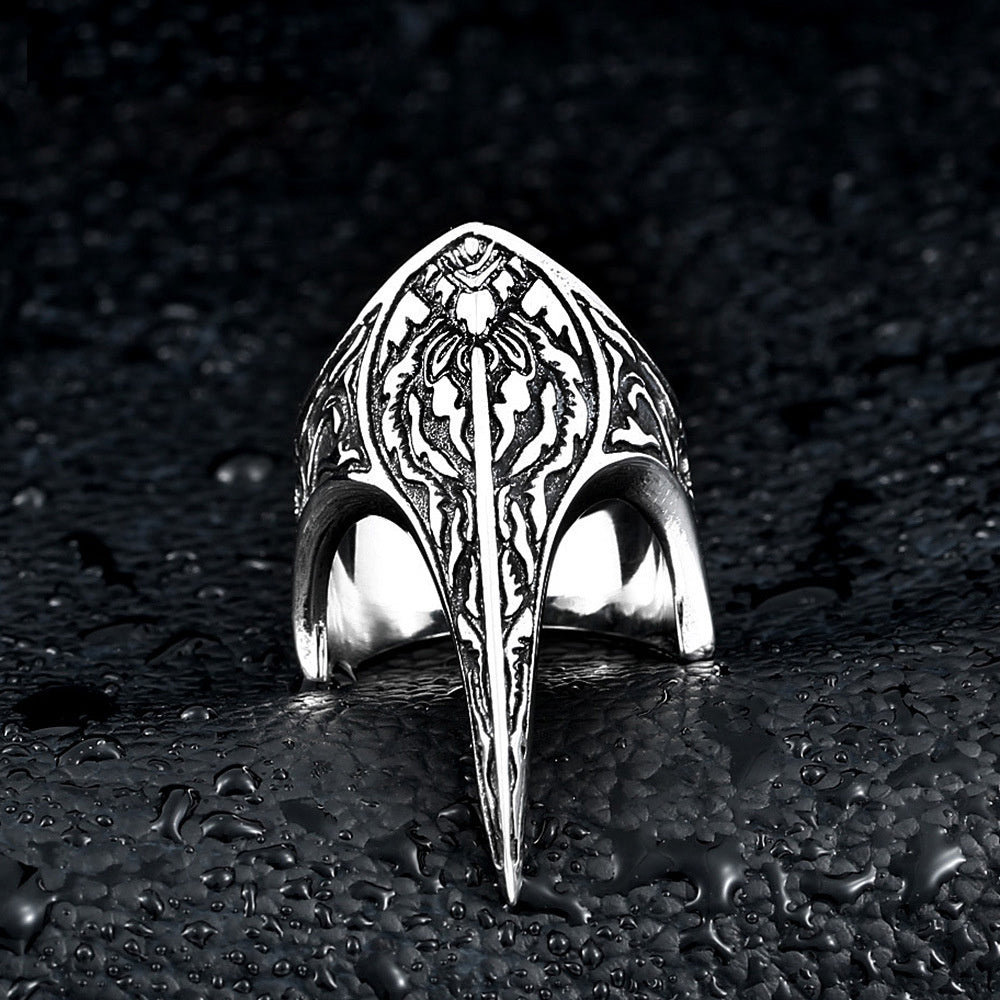 Hexbound Raven Ring — Carved Titanium Band