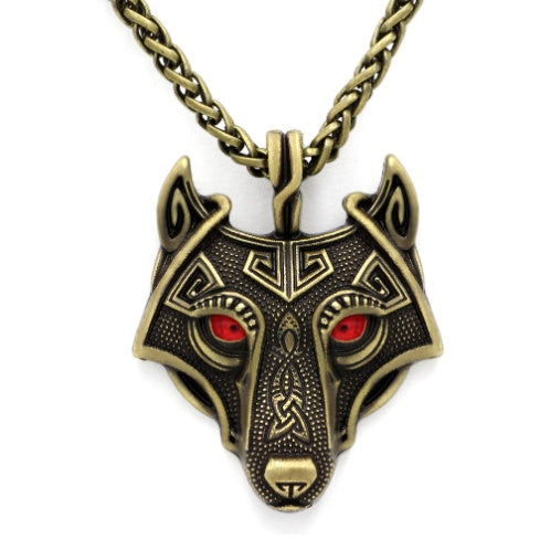 Fenwyr carved Norse wolf head pendant on heavy chain, gold finish