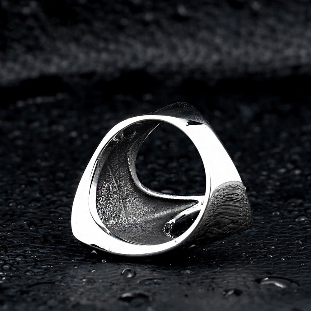 Hexbound Raven Ring — Carved Titanium Band