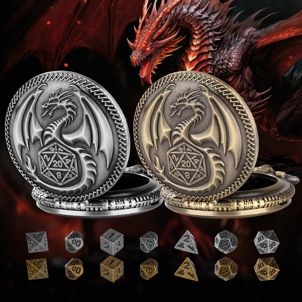 Dragon pocket watch that opens to a 7-piece metal DnD dice set, gothic gift