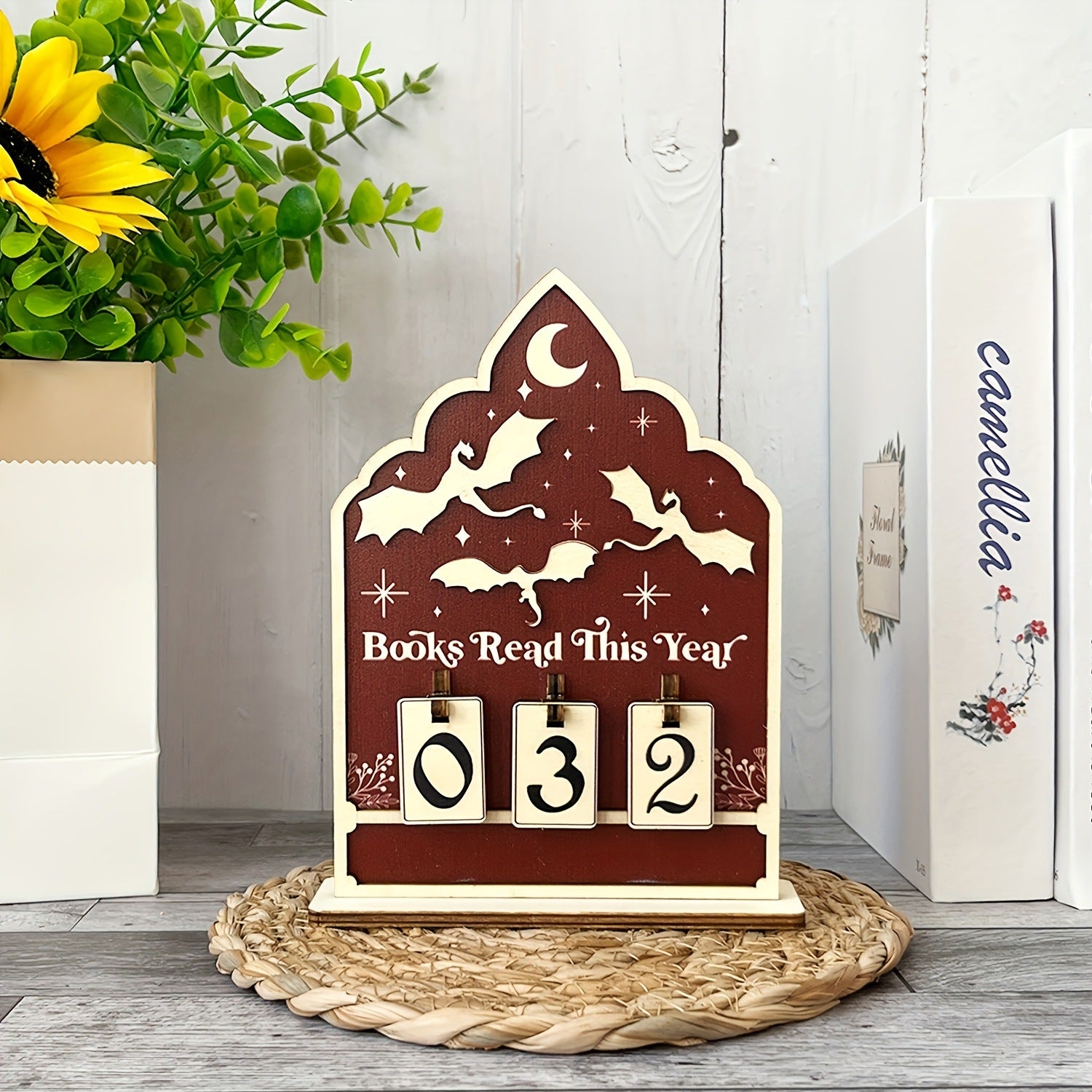 Wooden Books Read This Year tracker with gothic arch, bats and crescent moon, flip-tile counter reading 032
