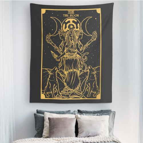 Hecate tapestry hung above a bed in a styled bedroom