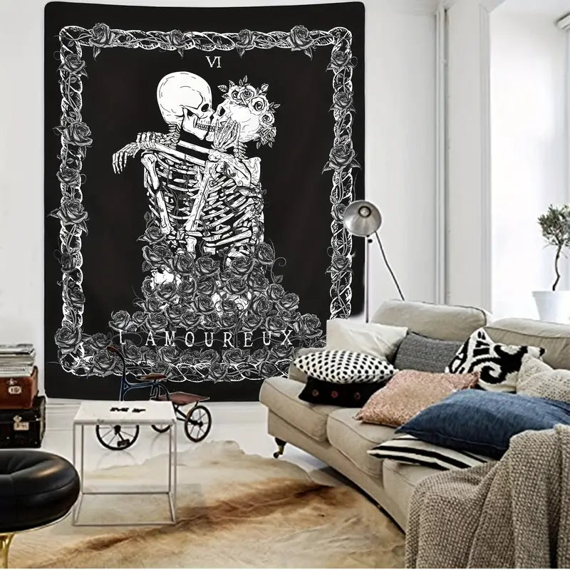 Mortwynn Skull Rose Tapestry — Gothic Peach Skin Wall Hanging