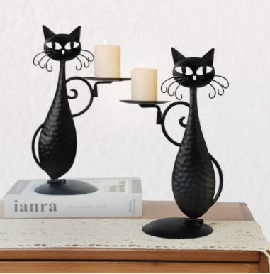 Grimalkin's Watch black cat taper candle holder, left-facing form