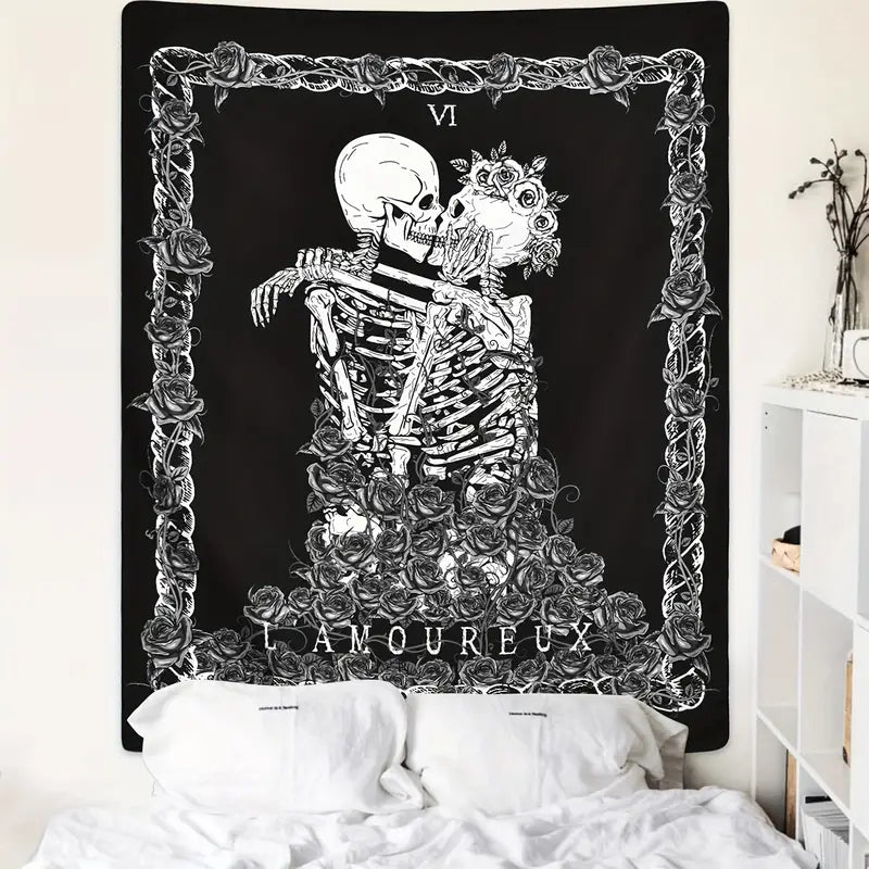 Mortwynn Skull Rose Tapestry — Gothic Peach Skin Wall Hanging