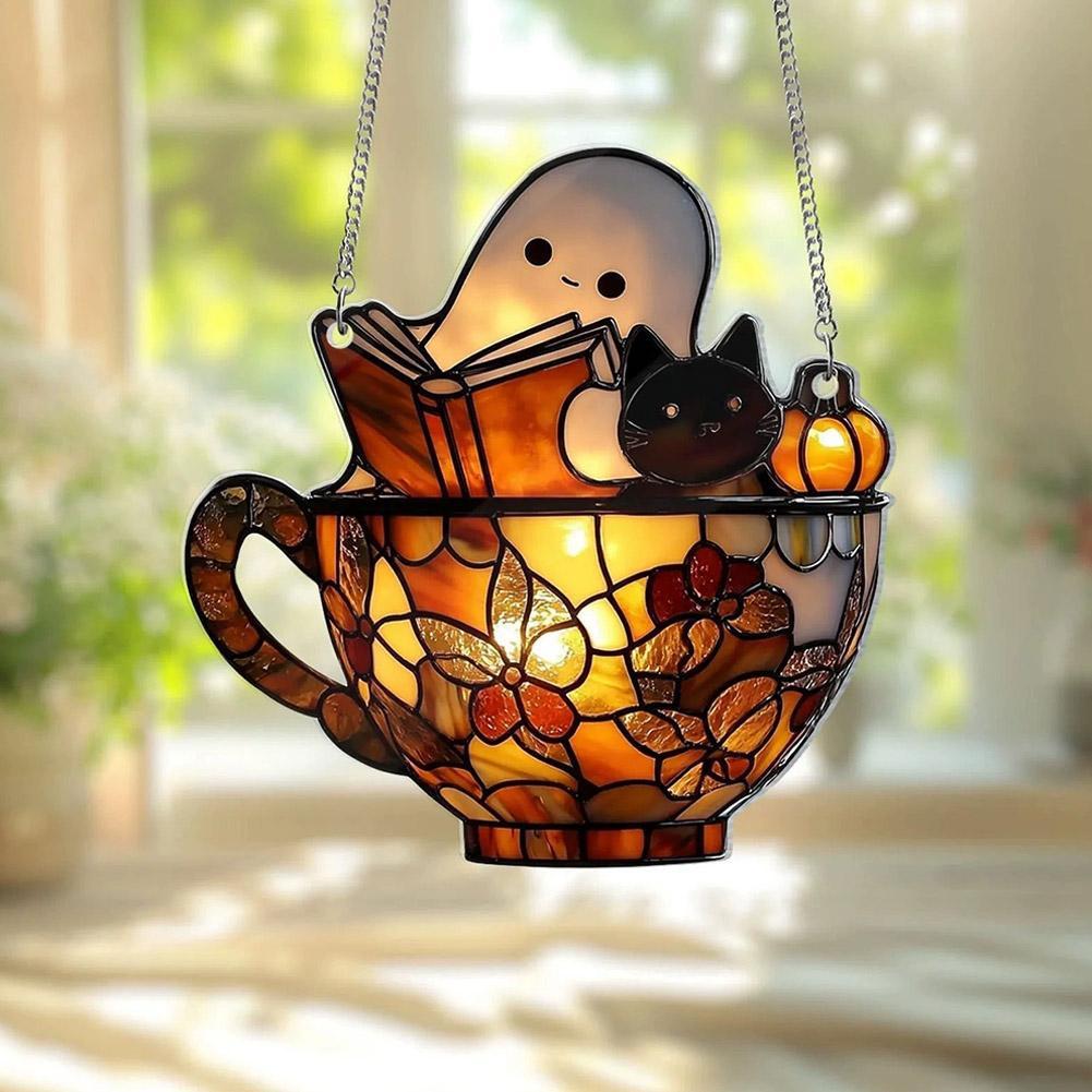 Round bookshop ghost suncatcher design in stained-glass style acrylic