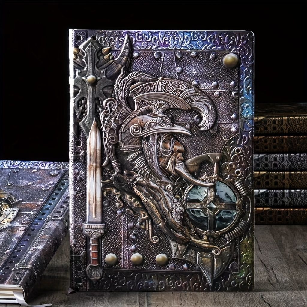 Iridescent-border variant of the embossed warrior journal, standing shot showing spine and page edge