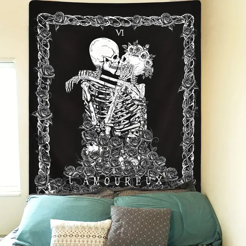 Mortwynn Skull Rose Tapestry — Gothic Peach Skin Wall Hanging
