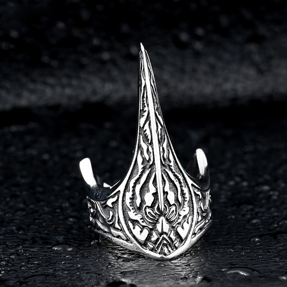 Hexbound Raven Ring — Carved Titanium Band