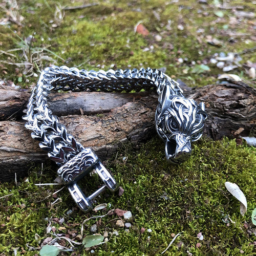 Close-up of Grimhelm Norse rune bracelet links showing deep-etched runic detailing