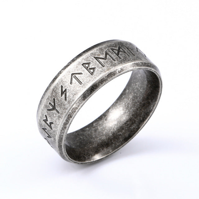 Antique silver Runeband Odin ring with Elder Futhark runes detail