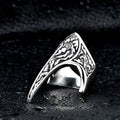 Gothic carved raven skull titanium band ring with decorative panel details