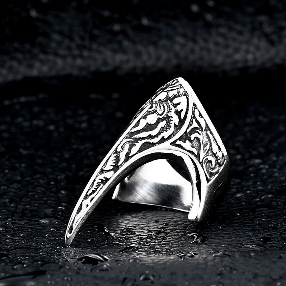 Gothic carved raven skull titanium band ring with decorative panel details