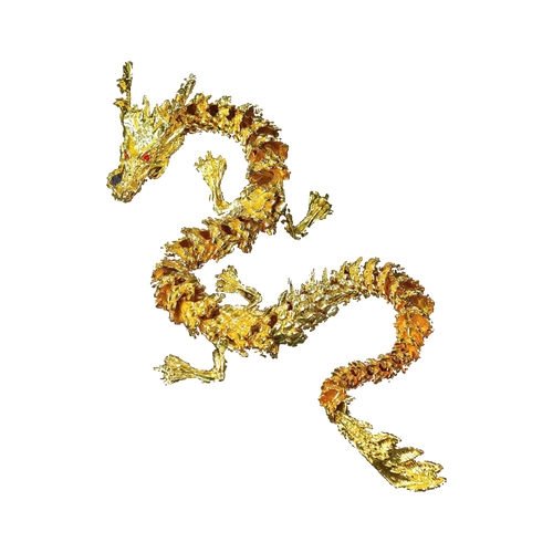One golden articulated dragon figurine coiled, studio card image