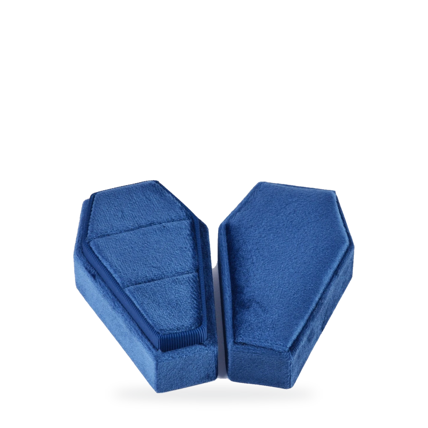 Navy velvet coffin-shaped ring box, lid resting beside the open base, studio card image
