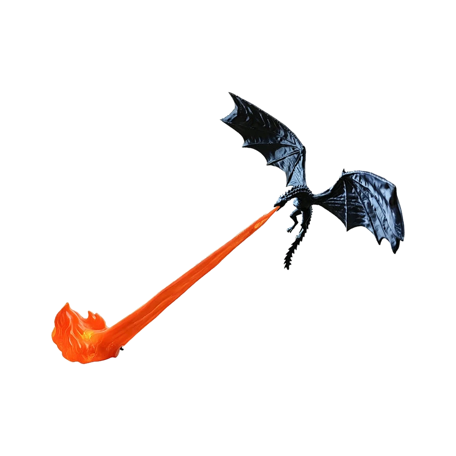 Black dragon sculpture riding a glowing orange LED flame column, studio card image