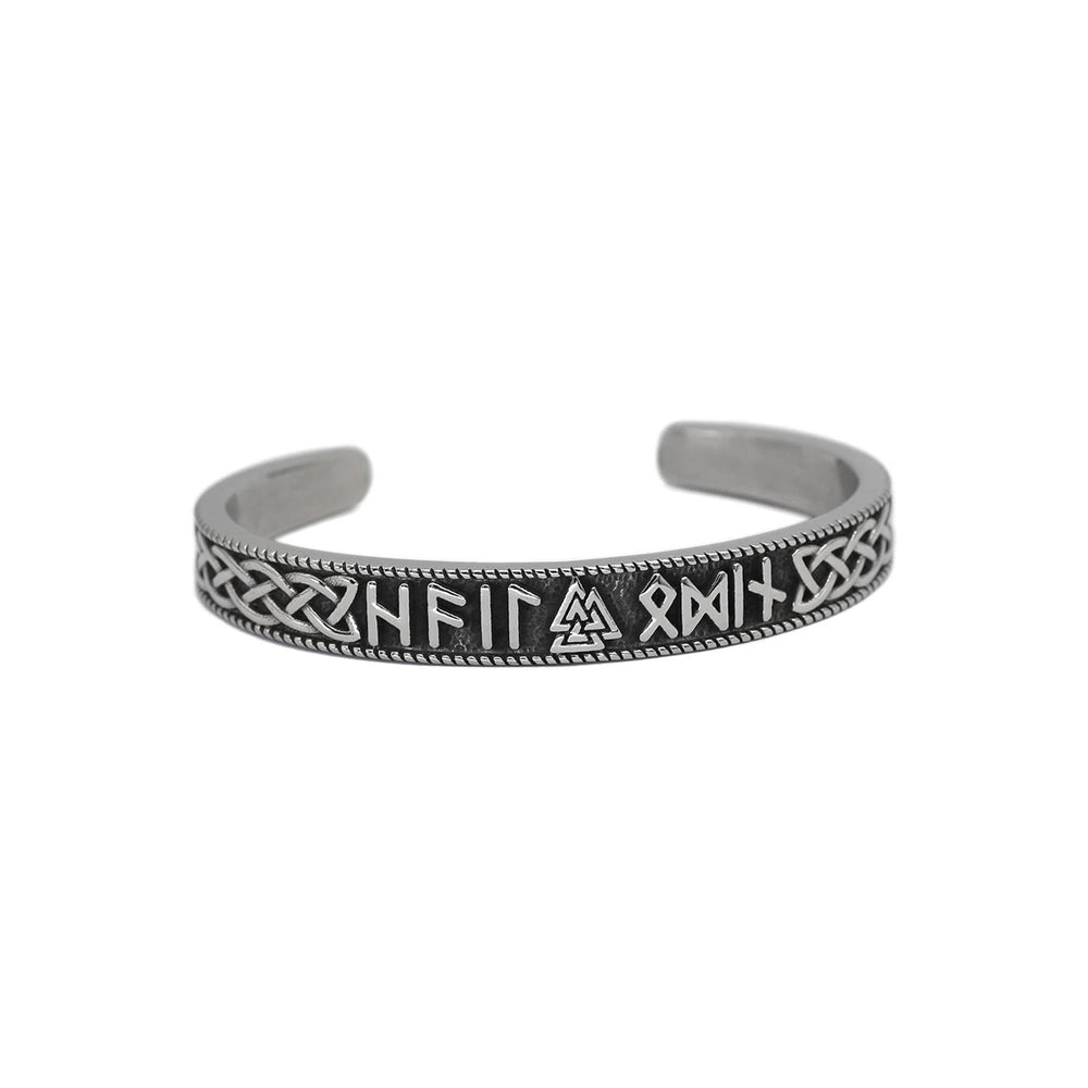 Grimhelm Viking Rune Bracelet, titanium open cuff with deep-etched Norse runes and Valknut