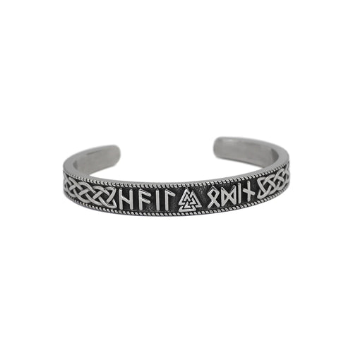 Grimhelm Viking Rune Bracelet, titanium open cuff with deep-etched Norse runes and Valknut