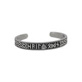 Grimhelm Viking rune bracelet — open cuff in stainless steel with etched runes and Celtic knotwork border