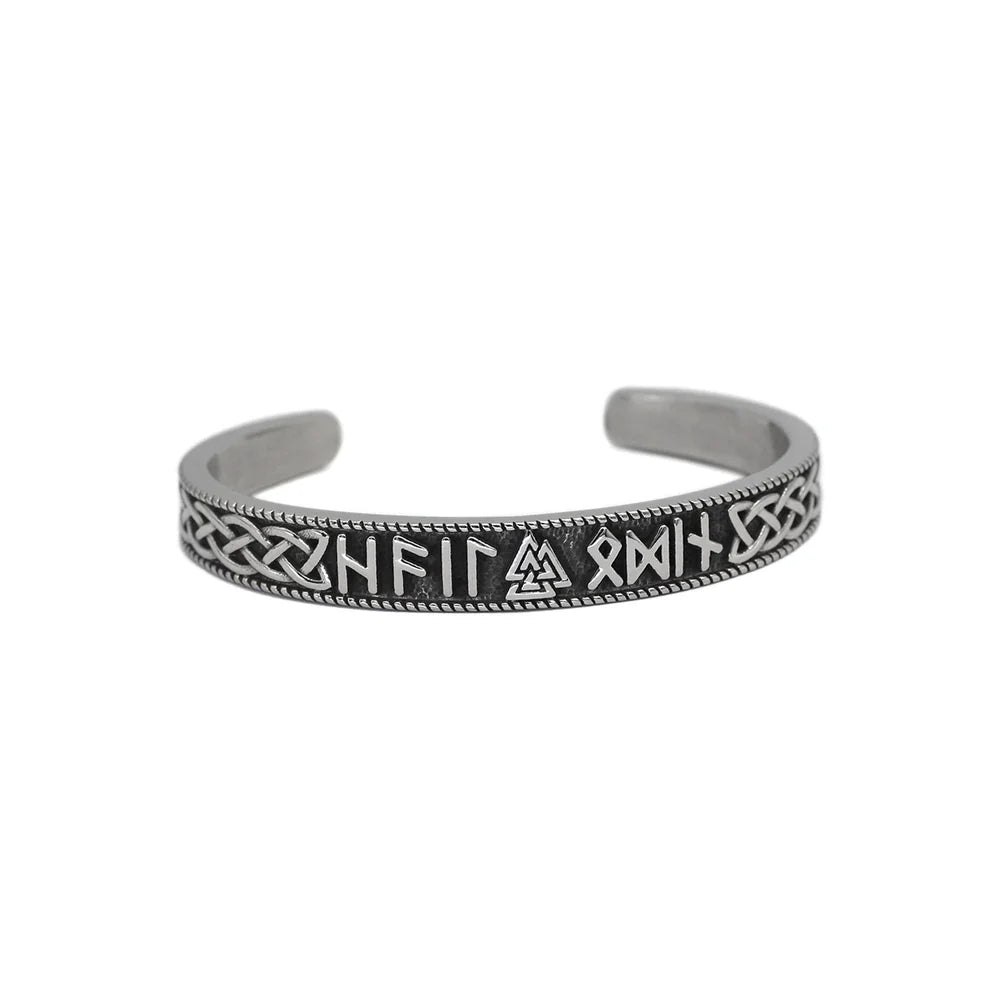 Grimhelm Viking rune bracelet — open cuff in stainless steel with etched runes and Celtic knotwork border