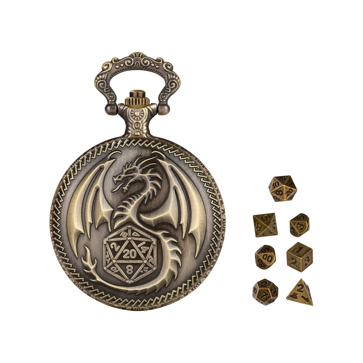 Bronze dragon pocket watch with its included seven-piece metal dice set, Bronze variant, studio card image