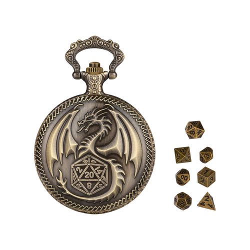 Bronze dragon pocket watch with its included seven-piece metal dice set, Bronze variant, studio card image
