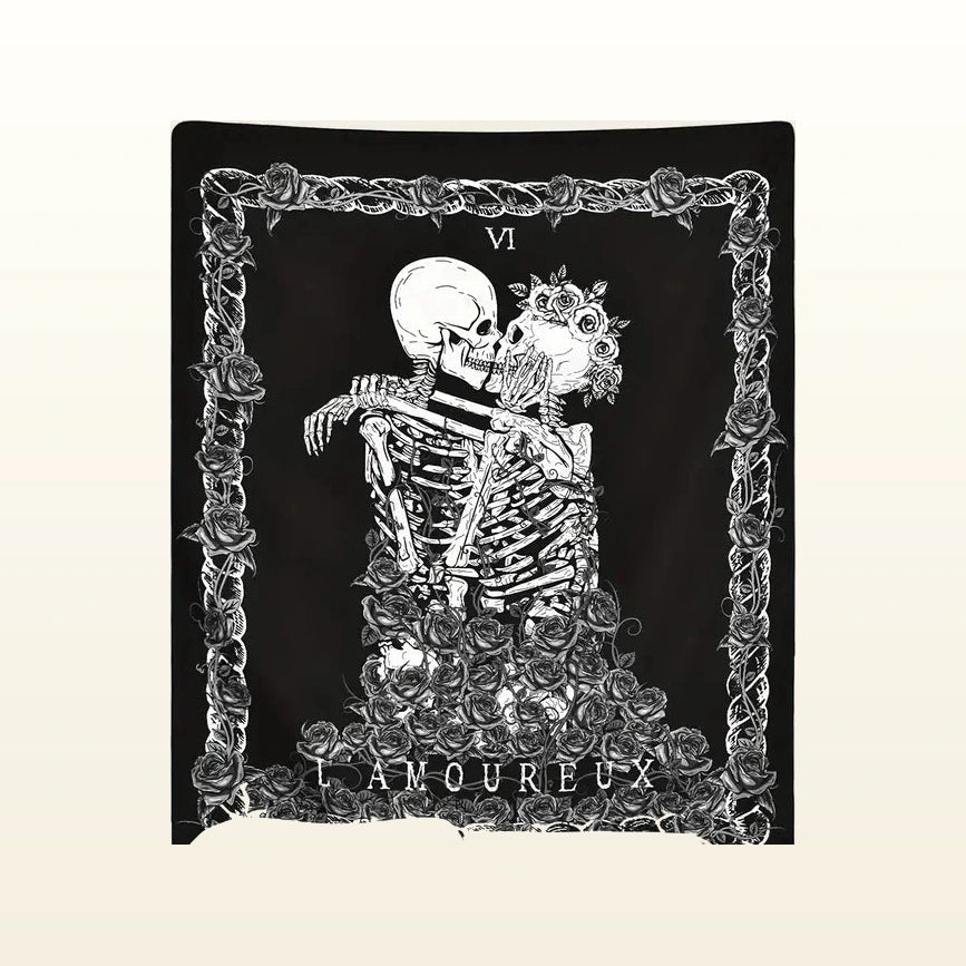 Mortwynn skull rose tapestry showing skeleton with flowers and ornate border, tarot card design