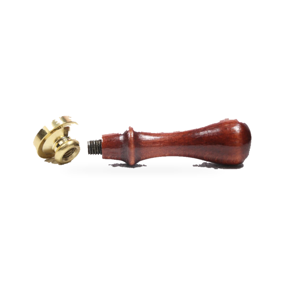 One vintage wax seal stamp shown disassembled: beech wood handle and screw-on brass seal head