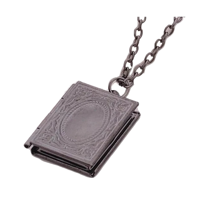Black book-shaped photo locket necklace on its chain, studio card image