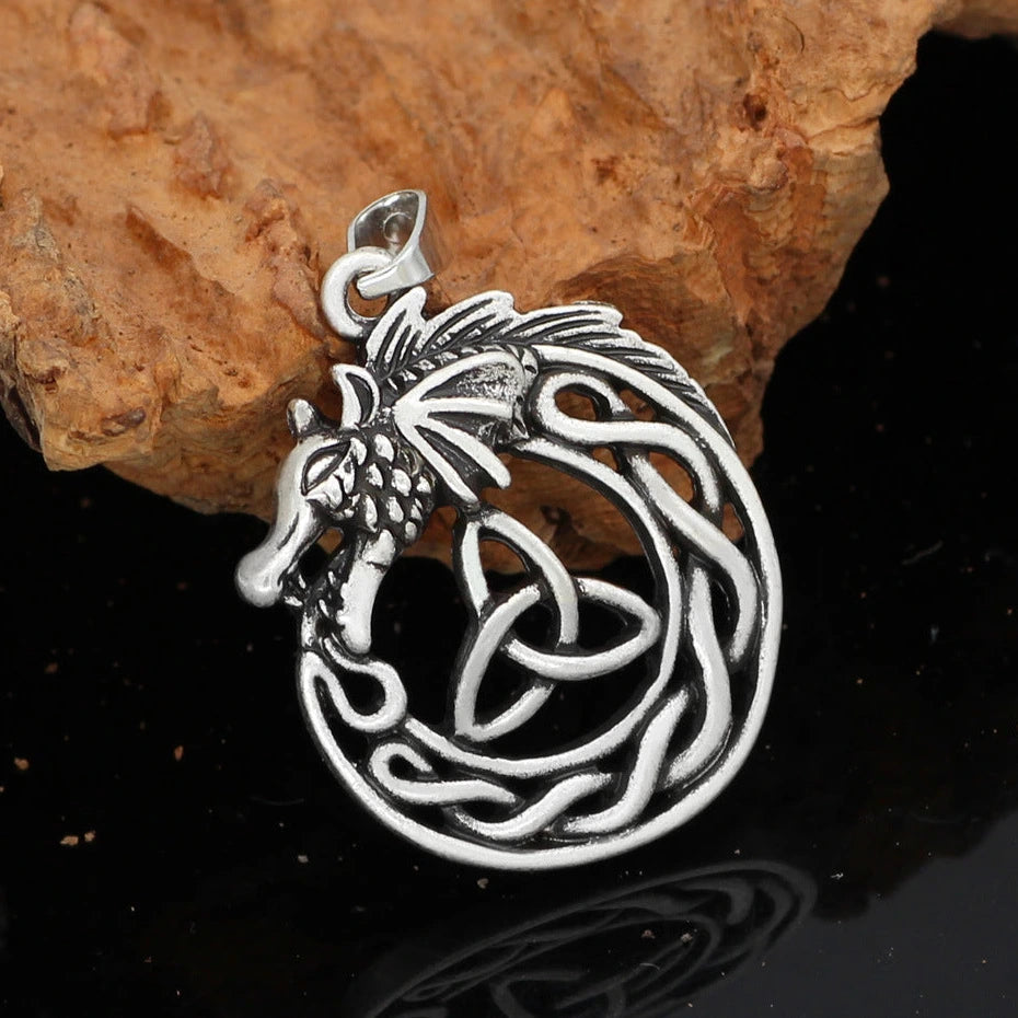 Vyrndrak Dragon Celtic Pendant, stainless steel dragon coiled around a triquetra knot, pendant only