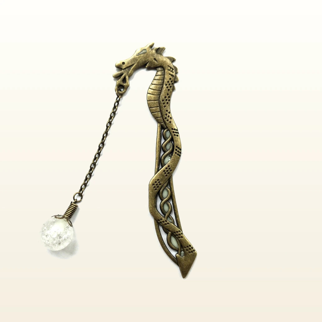 Bronze dragon bookmark with chain and translucent crackled orb pendant, daylight card image