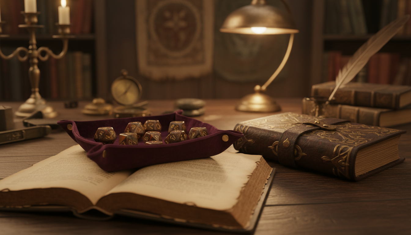 Scholar desk with runic scroll, dice tray, brass lamp and quill