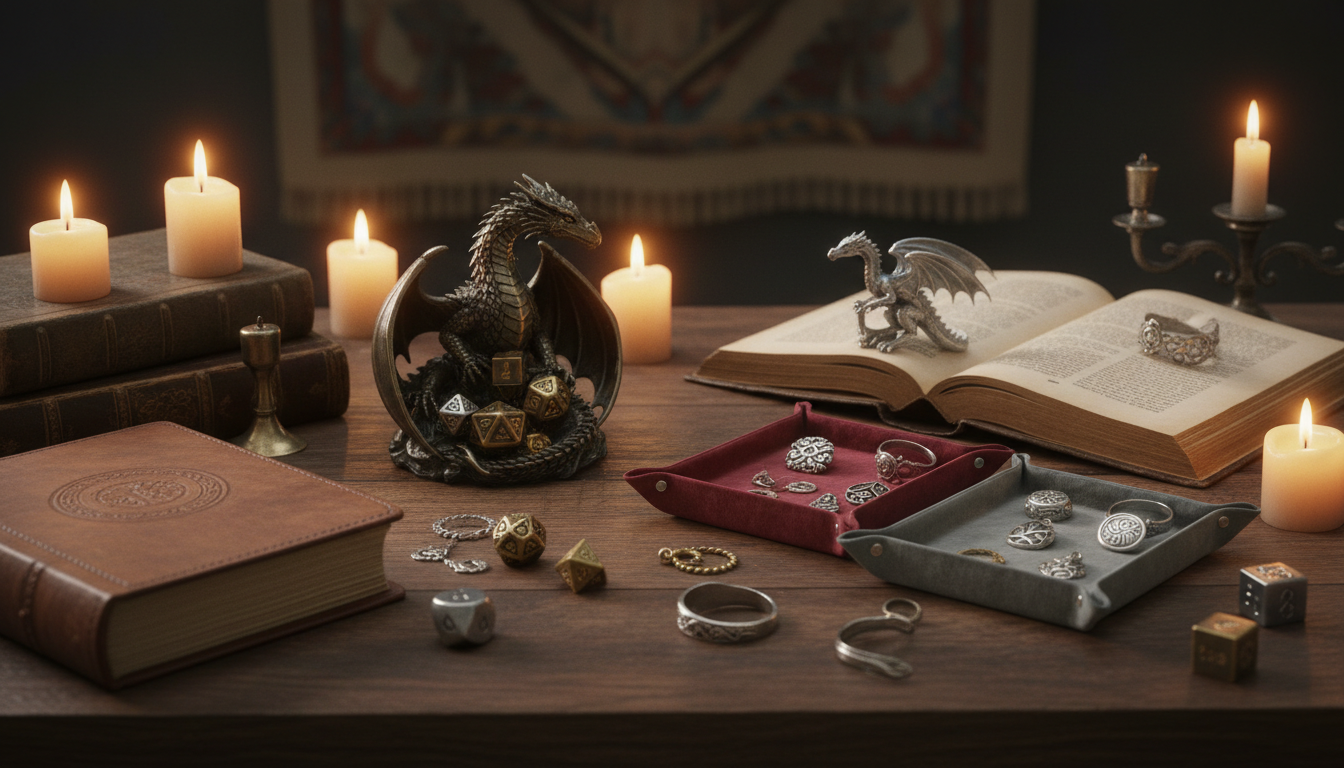 Candlelit desk with dragon figurine, dice trays, books and jewelry
