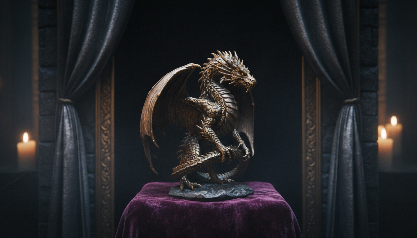 Bronze dragon statue on purple velvet in a candlelit throne room